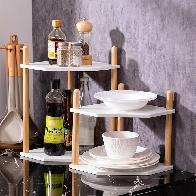 2-Tier Expandable Bamboo Corner Shelf - Dish/Plate Organizer for Cabinet, Kitchen Counter Shelf & Small Kitchen Shelf, Adjustable (6.7" H-White, 2-Tier)