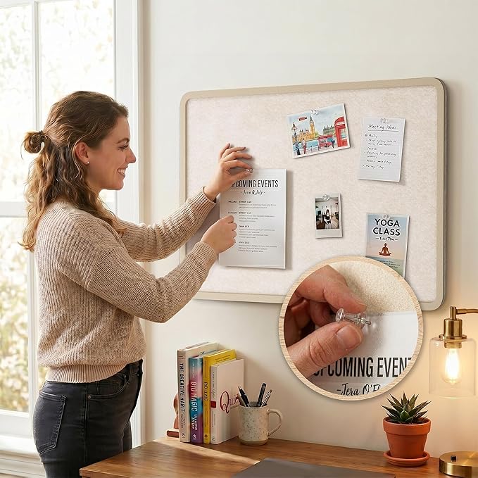 Bulletin Board, 36 x 24 inches Decorative Felt Board Foldable Photo Board Pin Boards, Cork Board Alternative for Walls, Office, Home, Classroom with Pushpins ＆ Small Storage Bag, Beige