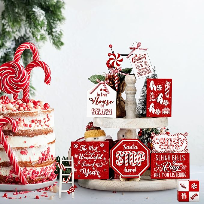 Mifoci 14 Pcs Christmas Tiered Tray Decor Rustic Christmas Decorations Snowman Santa Candy Wood Sign Xmas Table Tiered Tray Winter Farmhouse Rustic Table Decor for New Year Home Shelf Tabletop
