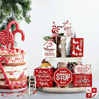 Mifoci 14 Pcs Christmas Tiered Tray Decor Rustic Christmas Decorations Snowman Santa Candy Wood Sign Xmas Table Tiered Tray Winter Farmhouse Rustic Table Decor for New Year Home Shelf Tabletop