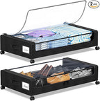 Under Bed Storage with Wheels, 2-Pack Under the Bed Storage Containers with Clear Lids & Label, Underbed Storage Bins, XXL 60L Rolling Metal Drawer for Clothes, Shoes, Toys, Books - Black