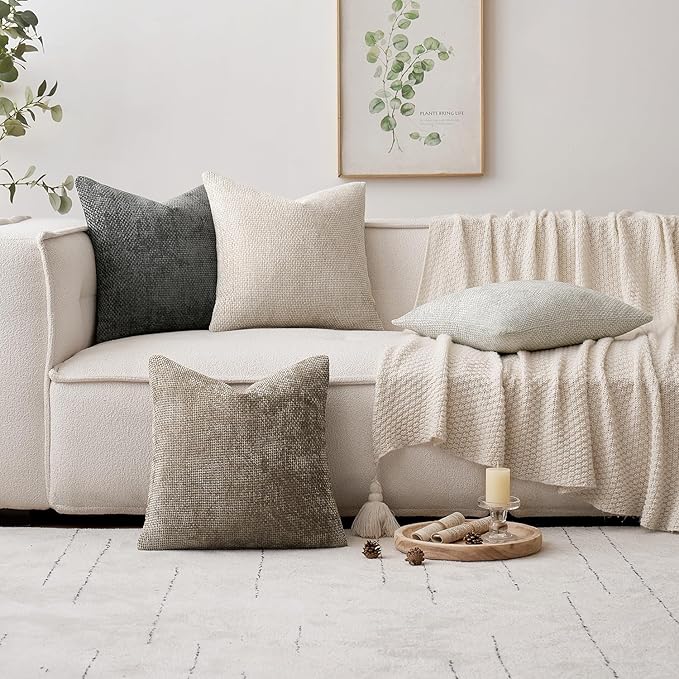 MIULEE Pack of 4 Couch Throw Pillow Covers 24x24 Inch Neutral Soft Decorative Chenille Pillow Covers Farmhouse Boho Accent Cushion Covers for Mid Century Modern Spring Decor Sofa Bedroom Living Room