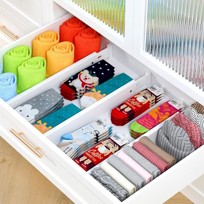 Ruichang Bamboo Kitchen Drawer Divider 4 Pack,17-22" Adjustable Utensil Drawer Organizer for Dresser Bathroom Bedroom,White