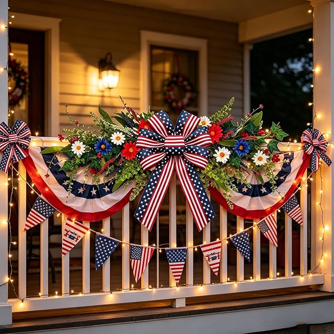 4th of July Patriotic Floral Swag Artificial Red White and Blue Independence Day Front Door Daisy Flowers Twigs Swag Memorial Day 250th Anniversary Veterans Day Decor for Arch Wall Home Door Decor