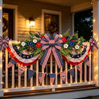 4th of July Patriotic Floral Swag Artificial Red White and Blue Independence Day Front Door Daisy Flowers Twigs Swag Memorial Day 250th Anniversary Veterans Day Decor for Arch Wall Home Door Decor