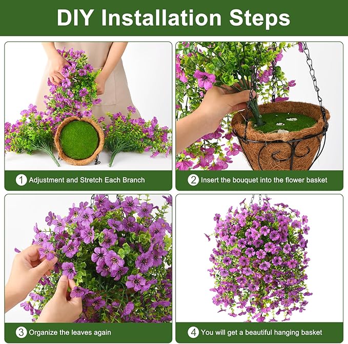 Homsunny Artificial Fake Hanging Plants Flowers Baskets for Outdoor Outside Spring Decor,Faux Silk Daisy UV Resistant Look Real Summer Decorations for Home Porch Patio Yard Garden(Purple