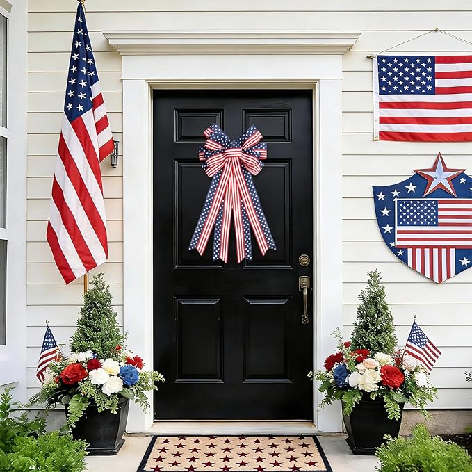 2PCS Large 4th of July Patriotic Bows for Wreath with Red White & Blue Stripe Stars Design for Front Door, Outdoor & Indoor Independence Day Decor