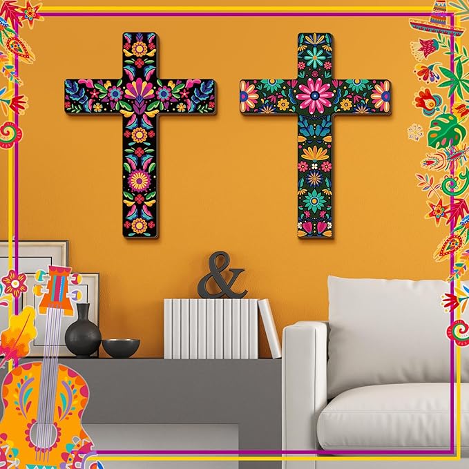 Pinkunn 2 Pcs Mexican Floral Cross Wall Decor Mexican Wall Art Hand Painted Decorative Inspirational Wooden Floral Cross Spanish Crucifix Decor for Home Room Church Decoration