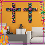 Pinkunn 2 Pcs Mexican Floral Cross Wall Decor Mexican Wall Art Hand Painted Decorative Inspirational Wooden Floral Cross Spanish Crucifix Decor for Home Room Church Decoration