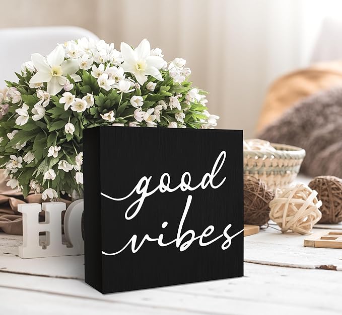 SRADMO Black and White Wood Box Sign Desk Decor, Inspirational Desk Decor Wooden Block Box Sign Decoration For Home Office Shelf Table