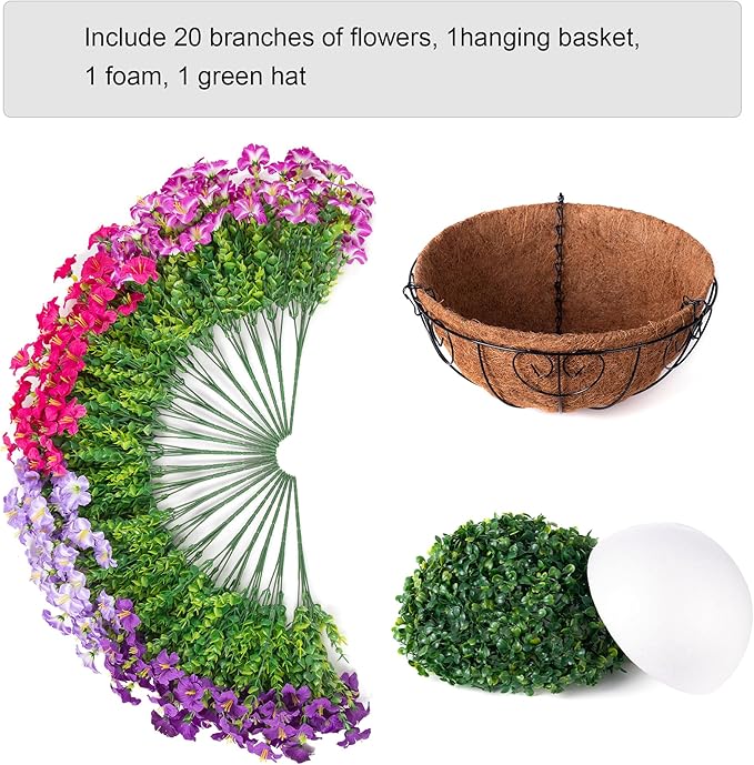 INSPRING Artificial Outdoor Flowers Hanging Baskets Faux Plants Spring Decoration, UV Resistant Fake Silk Morning Glory in Planter Look Real Petunias for Outside Patio Porch Balcony Garden Home, 4Mix