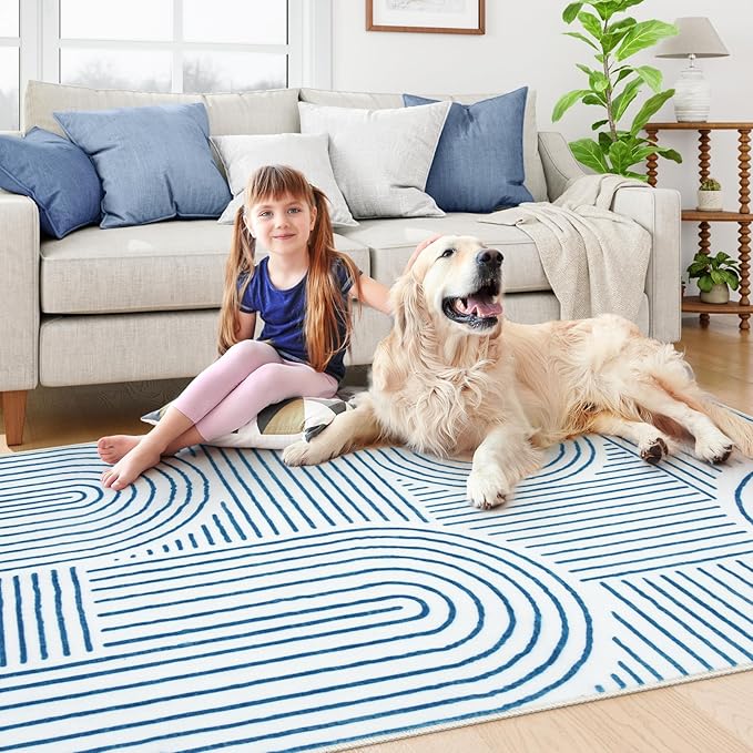 Lahome Abstract Washable Rugs, 4x6 Blue Rug for Bedroom Nursery Soft Non Slip Modern Living Room Rug, Ultra-Thin Non-Shedding Throw Carpet for Entryway Kitchen Office(4'x6',Blue/White)