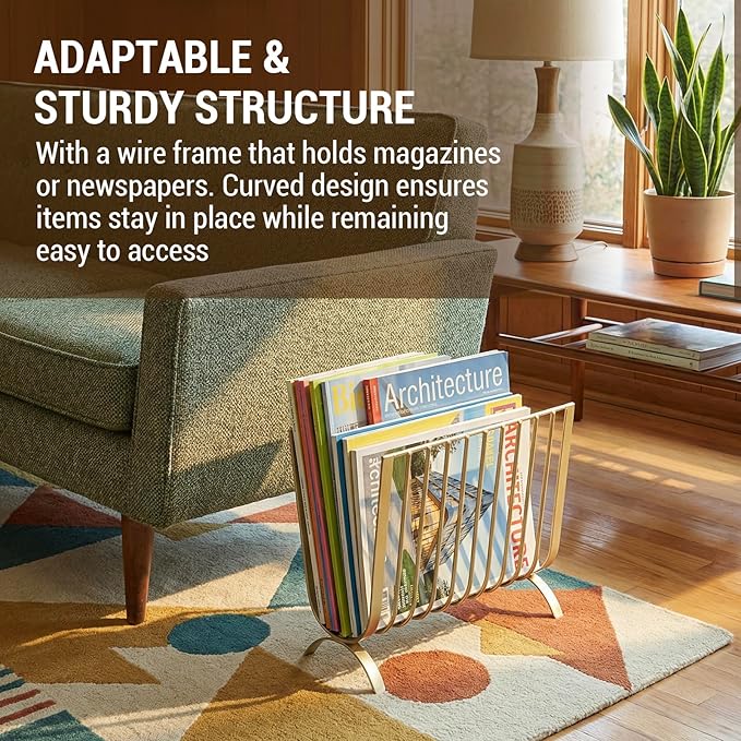 MyGift Brass Metal Mid-Century Wire Magazine Rack – Deluxe Tabletop or Floor Standing Sling Basket for Magazines and Newspapers
