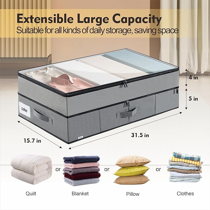 Large Under Bed Storage Containers, 2-Pack Double Layer Underbed Storage Bins with 3 Handles, 70L Extensible/Closed Clothes Storage Organizer with Sturdy Bottom Sidewalls, Grey