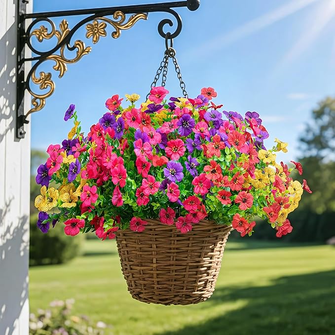 Artificial Fake Flowers Plants for Outdoors Spring Summer Decor,16 Bundles Faux Flowers Plant Silk Daisy UV Resistant for Outside Planters Front Porch Patio Yard Garden Home(Red,Purple,Yellow,Fuchsia)