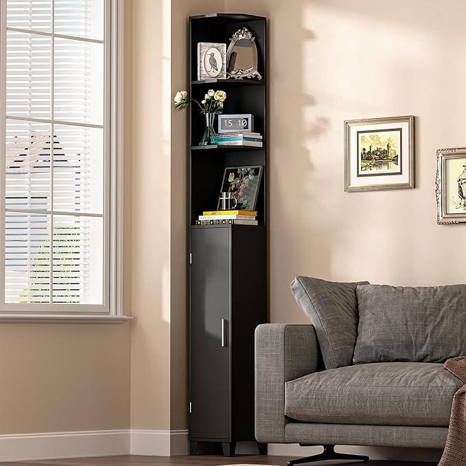 MOHOPE Corner Shelf with Cabinet, 74.8" Tall Corner Display Cabinet with Door, 5-Tier Narrow Bookshelf with Adjustable Shelves for Living Room, Bathroom, Dining Room, Small Space, Black