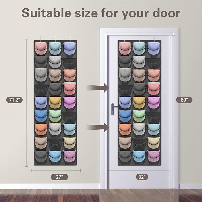 Hat Organizer Racks for Baseball Caps, 27 Deeper Pockets Baseball Hat Rack, Cap Rack, Hat Rack for Door with 3 Hooks