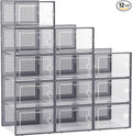 Kuject Large Shoe Organizers Storage Boxes for Closet, 12 Pack Clear Plastic Stackable Storage Bins with Lids, Under Bed Shoe Containers for Entryway, Drop Front, Fit up to Women's Size 10,Dark Gray
