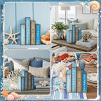 Lineshading 4 Pcs Summer Table Decoration Wooden Book Coastal Beach Decoration Blue and White Summer Tiered Tray Decor Wood Book Sign Farmhouse for Ocean Party Home Shelf Coffee Table