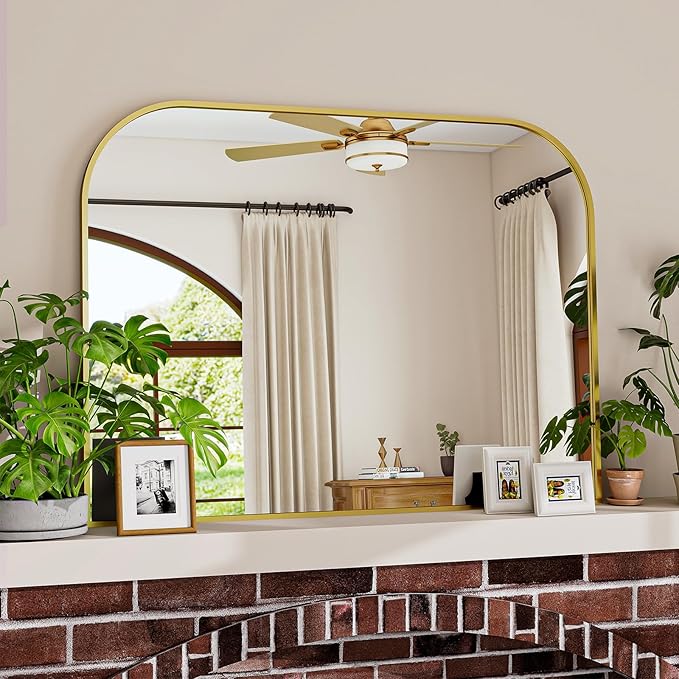 Gold Wall Mounted Bathroom Mirror - 38 x 30 Inch Round Cruved Top Right Angle Bottom Wide Wall Mirror, Aluminum Metal Framed, Decor for Living Room, Bedroom, Fireplace, Mantle, Entryway