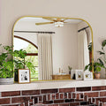 Gold Wall Mounted Bathroom Mirror - 38 x 30 Inch Round Cruved Top Right Angle Bottom Wide Wall Mirror, Aluminum Metal Framed, Decor for Living Room, Bedroom, Fireplace, Mantle, Entryway