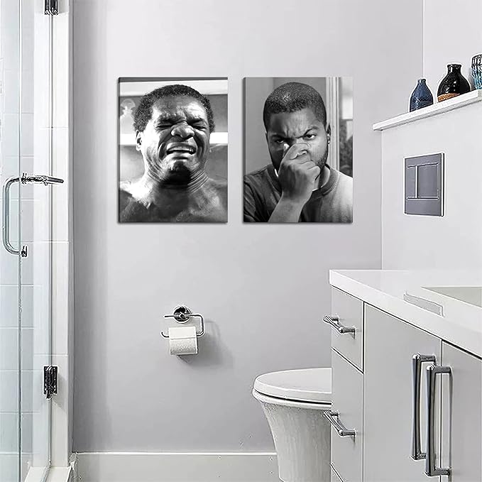 Framed Funny Bathroom Canvas Wall Art Set of 2 - Black and White Vintage Comedy Movies Posters, Funny Toilet Humour Smell Wall Decor Prints for Bathroom Decor 12x16in