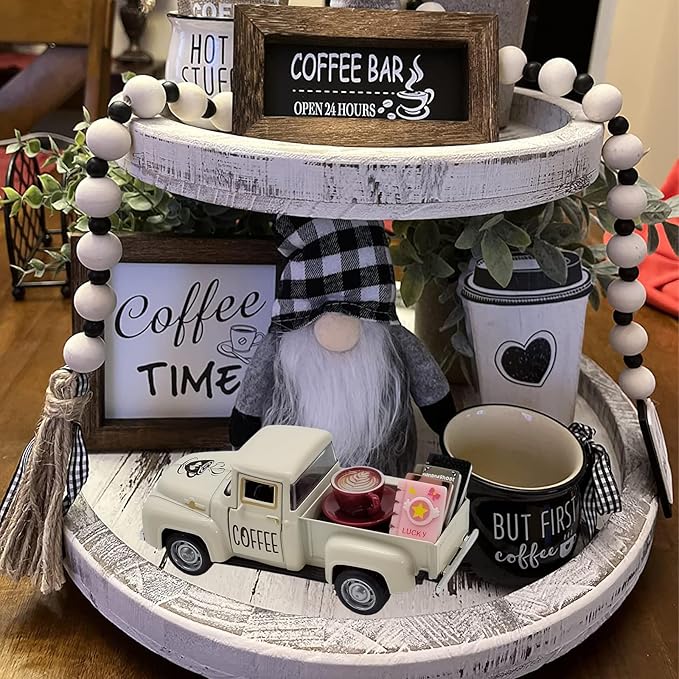 Coffee Bar Decor Vintage Mini Metal Pickup Truck Decor with Book Accessories for Coffee Station, Farmhouse Tiered Tray Table Decorations for Home Kitchen, Cafe