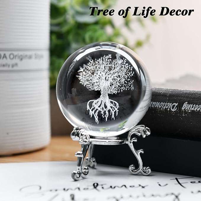 IFOLAINA 3D Tree of Life Crystal Ball with Stand Laser Engraved Glass Ball Tree of Life Decor Decorative Globes 3D Crystal Plant Sphere Gifts for Her Birthday