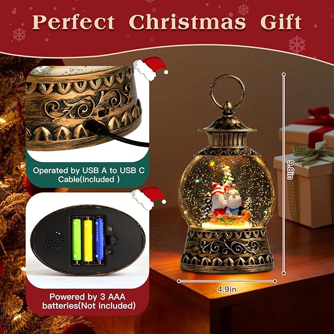 Gnome Christmas Snow Globe, Gnome Musical Snow Globe Lantern Lights with 6H Timer Battery & USB Powered, Retro Style Holiday Glitter Globe for Xmas Home Decoration Holiday Party Gifts