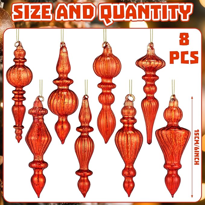 Mifoci 8 Pcs 6 Inch Mercury Glass Finial Christmas Ornaments Hanging Christmas Finials Glass Ornaments Assorted Mercury Decor for Vintage Holiday Xmas Tree Decoration(Copper Orange)