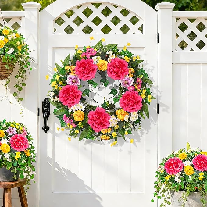 Yastouay Spring Summer Wreaths for Front Door, 24 Inch Large Spring Summer Door Wreath with Vibrant Peonies Hibiscus Flowers, Spring Wreath for Front Door Farmhouse Porch Wall Window Indoor Outdoor