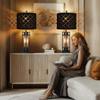 Modern Table Lamp Set of 2, Nightstand Lamps with Black Grid Shade, Bedside Lamps with USB A+C Charging Ports, Decorative Table Lamp, Square Base, Desk Lamps for Living Room, Bedroom, 2 Bulbs Included