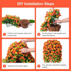 Artificial Flowers with Hanging Basket, Outdoor Faux Plants Silk Morning Glory Vines, Fake Green Arrangement for Garden Patio Spring Summer Decor(Orange)