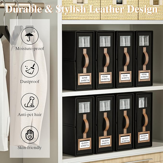 3 Pack Foldable Bed Sheets Set Organizers and Storage(King & Queen Size),Linen Fabric Closet Organizers with Window,Folding Bedding Storage Box for Bedsheets and Pillow Cube Organizer-Black