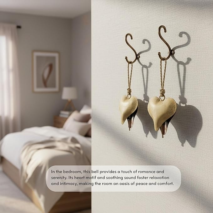 Rustic Iron Wall Accent Set of 2 | Handmade Metal Hanging Decor with Rope | Indoor & Outdoor Home Decoration | Open Heart Golden Bell (3.5" 3")