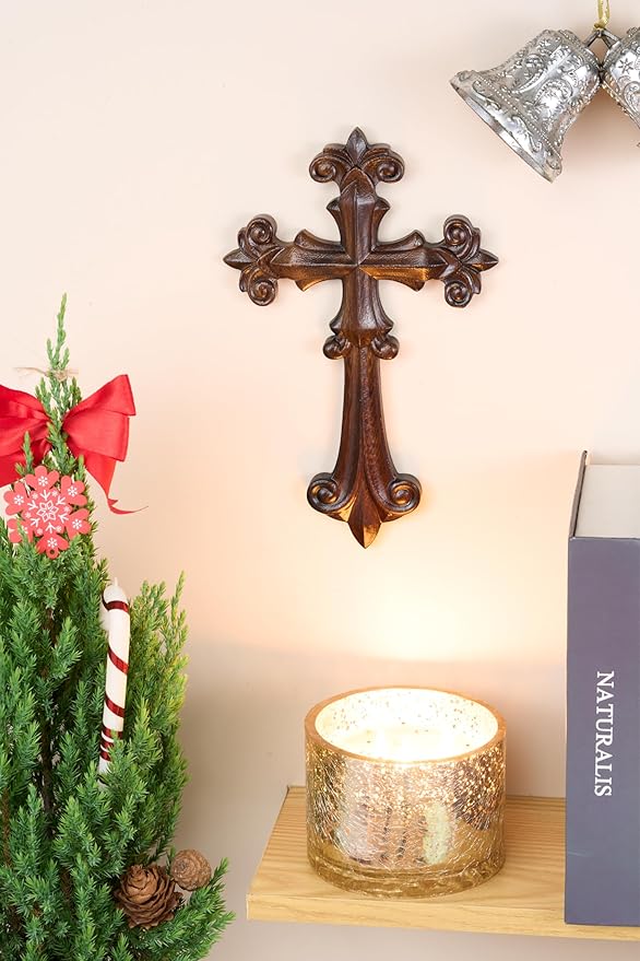 DAICAT - Hand-carved Cross, Wood Cross for Wall 9.8 Inch, Cross Wall Decor for Home, Rustic Crucifix Gift for Mom and Dad, Hand made Mother's Day Gifts for Mom, Wife, Sister, Grandma (No 2)