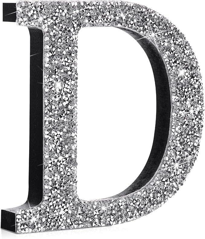 Qunclay 5.7" Silver Crystal Diamond Bling Letters Crushed Diamond Decoration Wooden Glitter Letter with Screw and Hooks Rhinestone Gift for Wedding Y2k Mcbling Bedroom Wall Decor (Letter D)