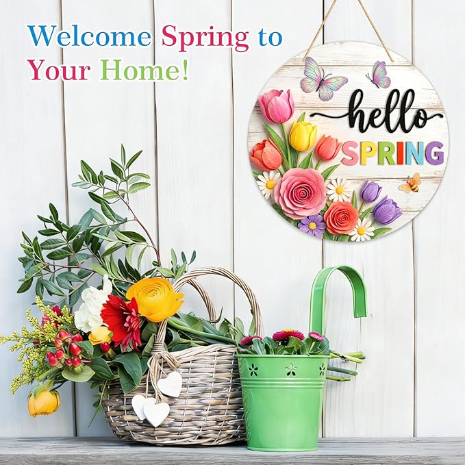 PETCEE Hello Spring Door Sign - 11.5" Welcome Spring Decor Front Door Signs with Floral Print Farmhouse Porch Sign for Home Wall Hanging Wreath Butterfly Bee Easter Indoor Outdoor Decorations