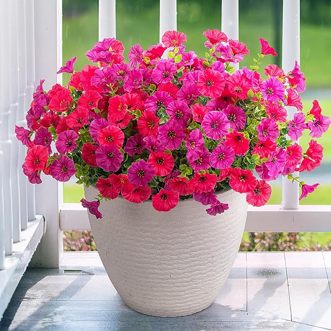 Artificial Flowers for Outdoors, 10 Bundles Fake Plastic Flower Plant, Faux Colorful Silk Morning Glory Eucalyptus for Spring Summer Outside Garden Porch Front Door Decor, Hot Pink Purple