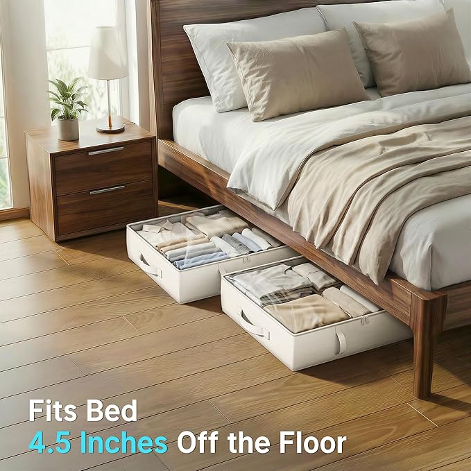 2-Pack Under Bed Storage Containers, 8 Inches Tall Underbed Clothes Storage Organizer Bin with Sturdy Sidewalls/Bottom, Under the Bed Storage Bags 2 Storage Bins, Beige