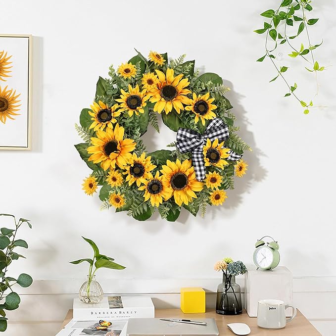 24 Inch Large Sunflower Spring Summer Wreath for Front Door, All Season Wreath with Bow Wreaths for Unique Housewarming Gift, Porch Wall Farmhouse Home Wedding Holiday Decor