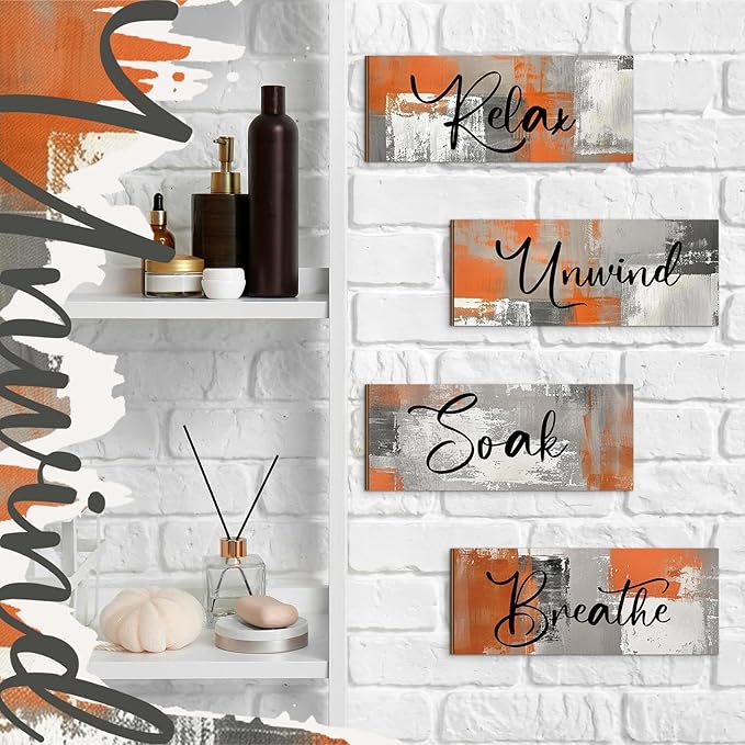Maitys 4 Pcs Orange Bathroom Wall Decor 10 x 4 Inch Bathroom Wall Art Contemporary Wood Restroom Pictures for Soak Unwind Relax Hanging Sign Spa Rustic Vintage Farmhouse Pediments