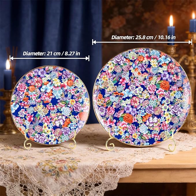 KAMMAK Decorative Plates Set for Display,Blue Ceramic Plate Decor with Stand，Handmade Vintage Flower Porcelain Ornament for Living Room, Kitchen, Office, Perfect Chinese Style Dish Gift (8in+10in)