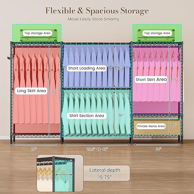 Coat Rack Clothes Wardrobe：Closet Organizer and Storage Clothing Garment Rack with Shelves Heavy Duty for Hanging Clothes Portable Adjustable Black 15.8" DX69 WX76.5 H