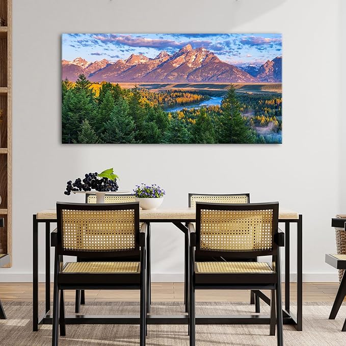 AIYISU Grand Teton Mountain Wall Art Sunset Nature National Park Posters Oxbow Bend Snake River Landscape Wall Decor Wyoming Scenery Painting Artwork for Living Room Office Home Decoration 35x70