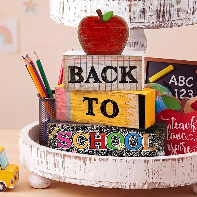 Lineshading 4 Pcs Back to School Table Decorations Retro Red Apples Decor Back to School Tiered Tray Decor Apple Centerpieces Rustic Wood Pencil Block Sign Farmhouse Gifts for Class Party Home Shelf