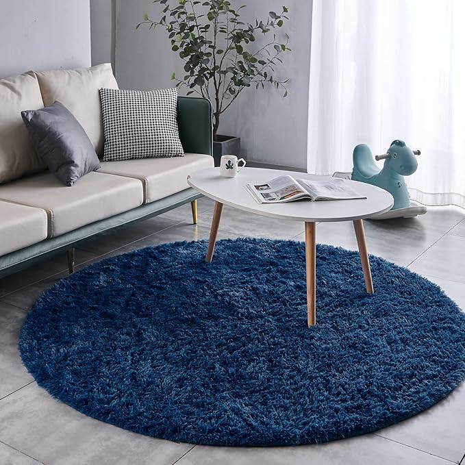 FJZFING Navy Blue Round Rug Ultra-Soft Plush Modern 7x7 Circle Area Rug for Kid's Bedroom, Fluffy Shag Circular Rug for Nursery Room, Non-Slip Home Decor Cute Navy Blue Carpet for Teen's Room