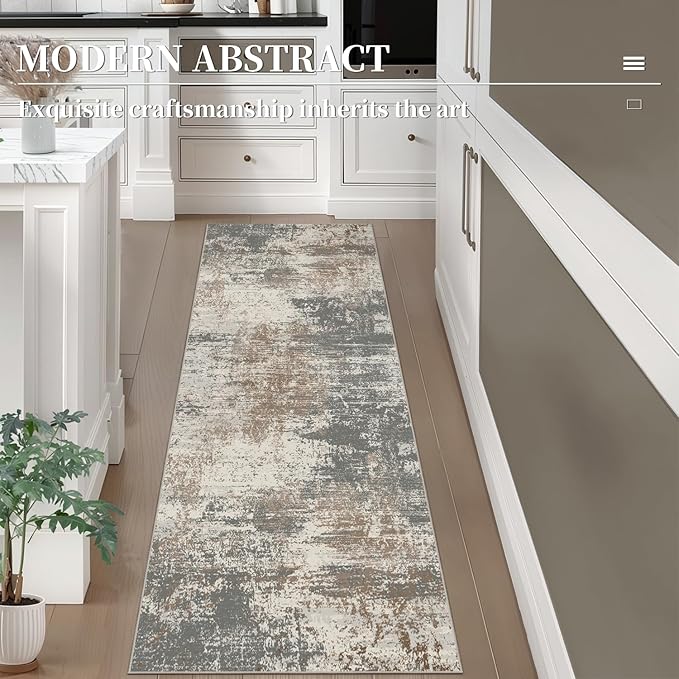 Ciicool 2x6 Washable Runner Rug, Modern Abstract Hallway Rugs Runner, Non-Slip Thin Accent Rug Lightweight Gray Brown Print Distressed Carpet for Laundry Entryway Bedroom Kitchen Bathroom Indoor