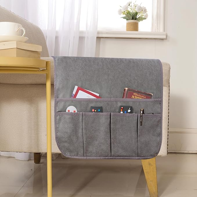 Waterproof Anti-Slip Sofa Armrest Organizer Armchair Caddy for Couch Remote Control Holder Sofa Armset Organizer with 6 Pockets Couch Armrest Storage for Book 35"x19.5" Grey 1 Pack