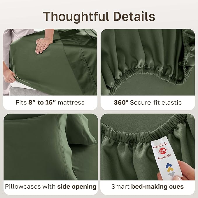 California Design Den California King Sheets Deep Pockets Set - Luxury 600 Thread Count 100% Cotton Sateen, California King Sheet Set, Hotel-Quality Bedding - Dark Olive Green